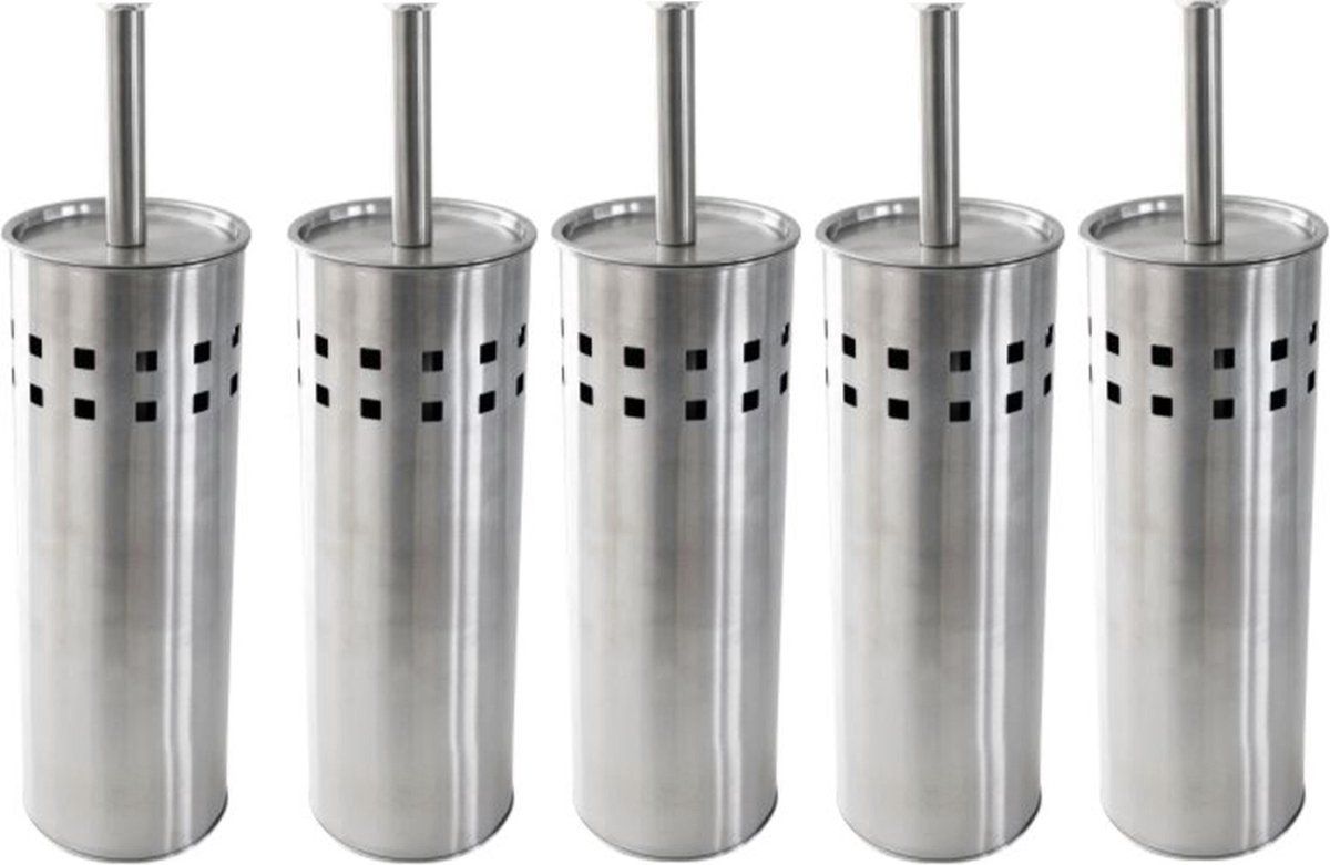discountershop 5 Stuks Toiletborstel RVS - geborsteld RVS - Wcborstel Rvs - RVS Toiletborstel in houder - Toiletborstelhouder - Wc borstel - Toiletborstel - Zilver - RVS