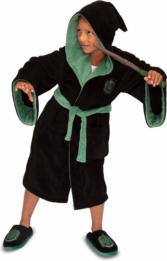 Harry Potter Slytherin Kids Hooded Bathrobe - Unisex - Fleece - Black/Green - Size M (7/9 Years)