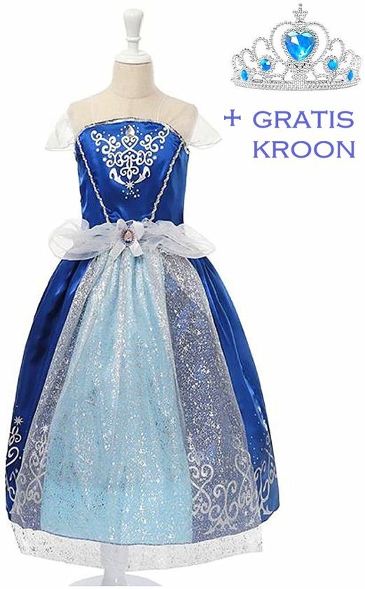 Spaansejurk NL Prinsessen jurk verkleedjurk 116-122 120 donker blauw met broche + GRATIS kroon