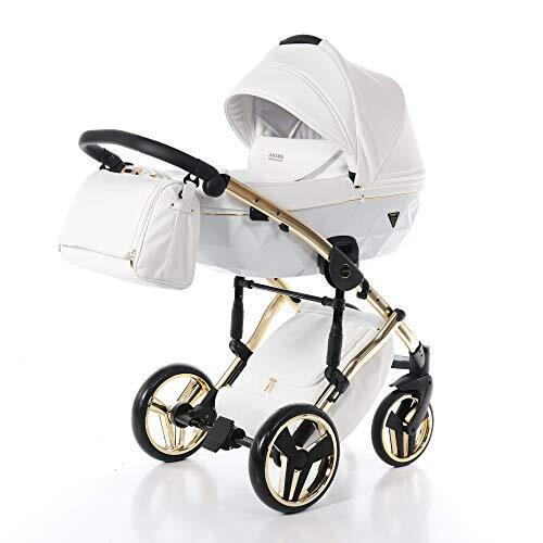 Junama Kinderkinderwagenset Diamond Individuele Babykinderwagen Buggy Babyzitje + Accessoires (04 Gold-Weiß, 3IN1)