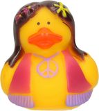 Krüger & Gregoriades Badeendje - flower power hippie - geel met roze-paars vestje - 5 cm