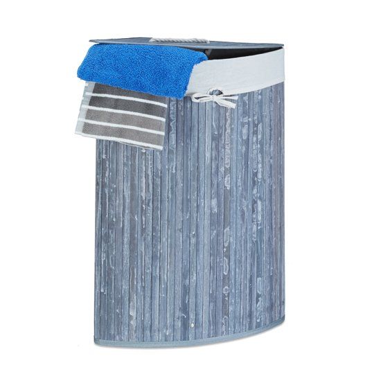 Relaxdays Hoekwasmand Bamboe - Wasmand 65 cm Hoog - 5 Kleuren met Katoenen Waszak - Wasbox Grijs