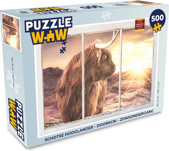 MuchoWow Puzzel Schotse hooglander - Doorkijk - Zonsondergang - Legpuzzel - Puzzel 500 stukjes