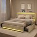 Lit double 160x200 cm avec 4 tiroirs, tête de lit capitonnée avec LED RVB et ports USB Type-C, tissu en lin, beige
