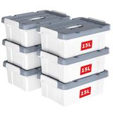 Cetomo 15L x 6 opbergdozen, plastic opbergdoos met deksels, organiserende container met handvat en veilige vergrendelende gespen, stapelbaar, nestbaar, draagtas voor thuiskantoor kleding, 15L-6Pack