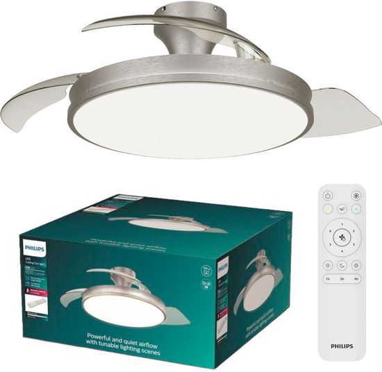 Philips LED Philips Atlas Plafondventilator met ingebouwde LED-lamp - 3 Intrekbare bladen, diameter: 106cm - 4500 Lumen - Instelbaar wit licht van 2700K tot 6500K - Dimbaar tot 5% - Afstandsbediening - Nikkel