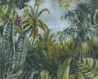 A.S. Création My Home My Spa Vliesbehang met palmboom en bladeren print, donkergroen, groen, blauw, Botanisch & Tropisch, 1005 x 53 cm