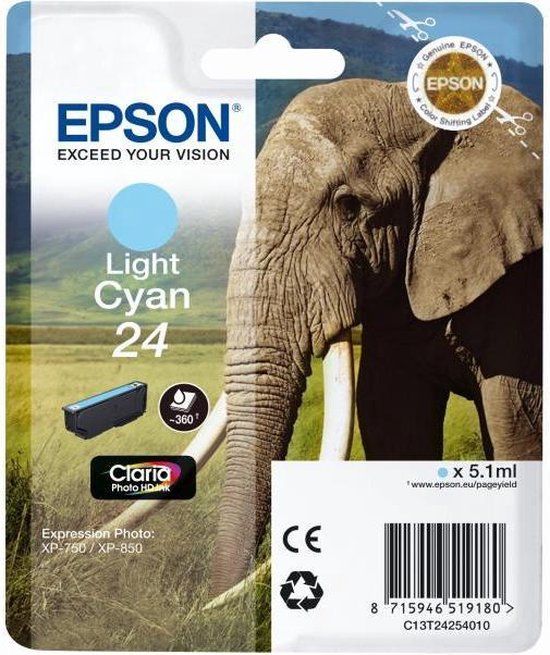 Epson Elephant Singlepack Light Cyan 24 Claria Photo HD Ink - 5ml - C13T24254010