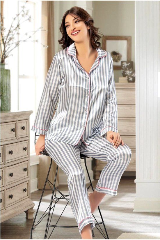 Satijn Dames Pyjama Set - Gestreept Grijs - Lange Mouw - Maat L
