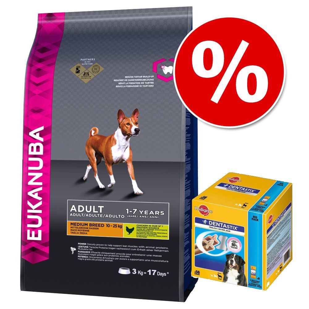 EUKANUBA Probeerpakket Grote zak Pedigree Dentastix Multipack 56 stuks Adult Working Endurance 15 kg