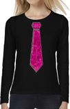 Bellatio Decorations Verkleed shirt dames - pailletten stropdas - roze/zwart - XL