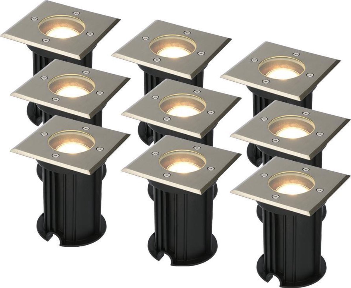 HOFTRONIC 9x Ramsay - Grondspot - RVS - IP67 waterdicht - 2700K Warm wit - Dimbaar - Verwisselbare GU10 - Vierkant - ook geschikt als padverlichting en vlonderverlichting