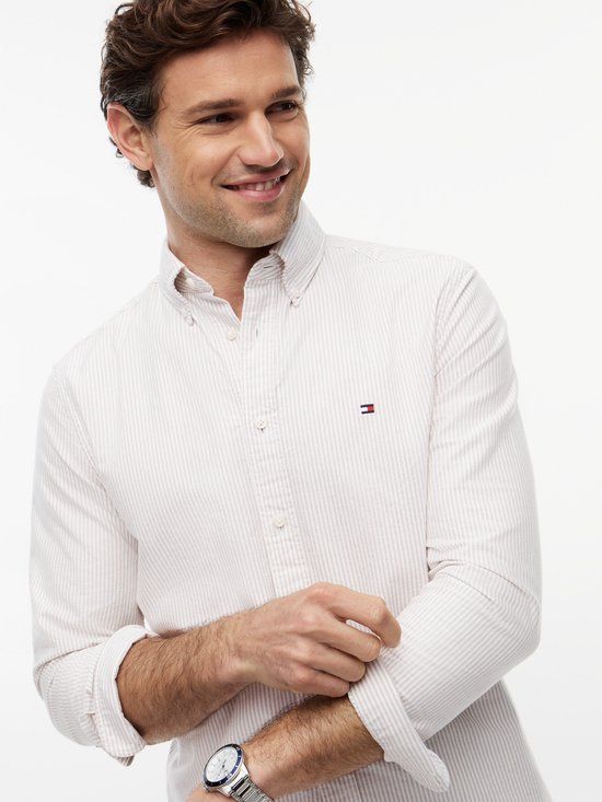 Tommy Hilfiger Heren Regular Oxford Gestreepte Overhemd Beige XXL