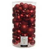 Decoris Christmas Red 100x Rode kerstballen - Glans en glitter - Mix - Onbreekbare plastic kerstballen - Kerstboomversiering rood