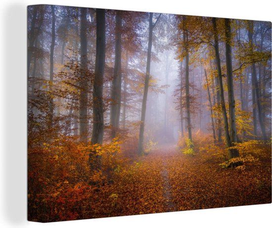 OneMillionCanvasses Canvas Schilderij Pad door Bos - Herfst - Mist - 60x40 cm