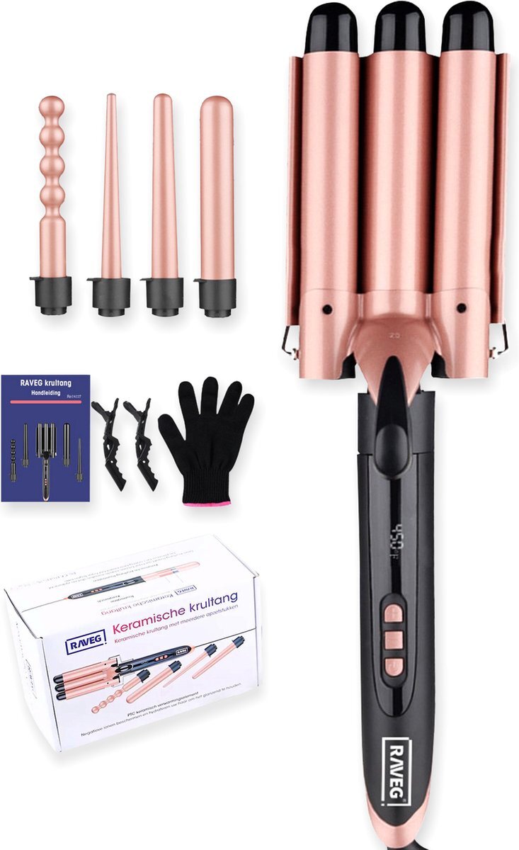 Raveg Keramische krultang met opzetstukken Wafeltang Waver Golvenkrultang - Curling Iron - 9 tot 32mm - Meerdere kleuren - RAVEG