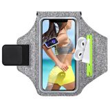 GlasFlength Universele sportarmband voor mobiele telefoon, met hoofdtelefoonvak, telefoonhouder voor iPhone 15/14/13/12/Samsung Galaxy S24/S23 Huawei Xiaomi (wit grijs)