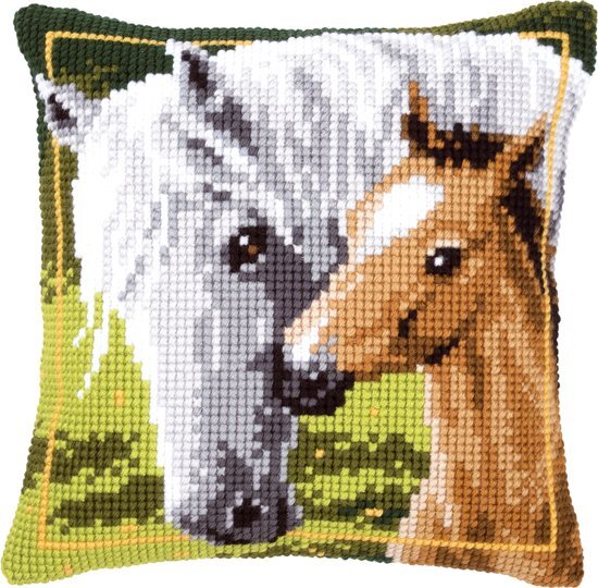 Vervaco Kruissteek borduur kussen 40 x 40 cm Wit paard met veulen