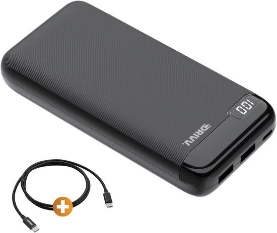 Drivv. Powerbank 20.000 mAh - Inclusief 60W Oplaadkabel - 22.5W Snellaadfunctie - USB / USB-C - Noodpakket - LED