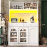 MODFU Witte Küchenschrank Hochschrank met LED-Verlichting, Verstelbare Planken en 2 Lades, Vitrinenschrank met Variabele Lichtkleuren, Esszimmerschrank