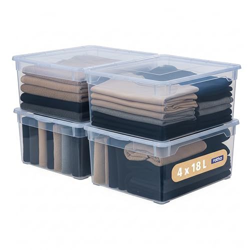 Rotho CLEAR Box 4-delige opbergbox set 18 L met deksel, stapelbaar, 40×33,5×17 cm, transparant blauw