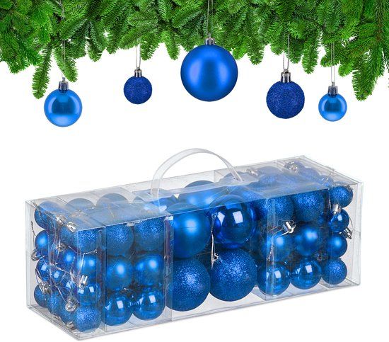 Relaxdays kerstballen set van 76 - 3, 4 en 6 cm - plastic - onbreekbaar - blauw