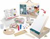 Acryverfset pour enfants avec chevalet en bois – 18 tubes de peinture + 5 paillettes – Guide technique inclus – Accessoires complets – Tablier & pinceaux