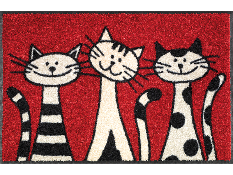 Wash+Dry Three Cats Deurmat - Zwart/Beige/Rood - 50cm - Rechthoekig