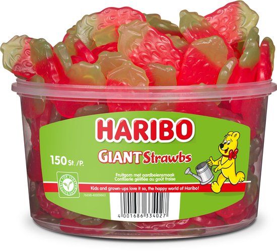 Haribo Giant Strawbs - snoep met aardbeiensmaak - silo - 150 stuks - 1350g