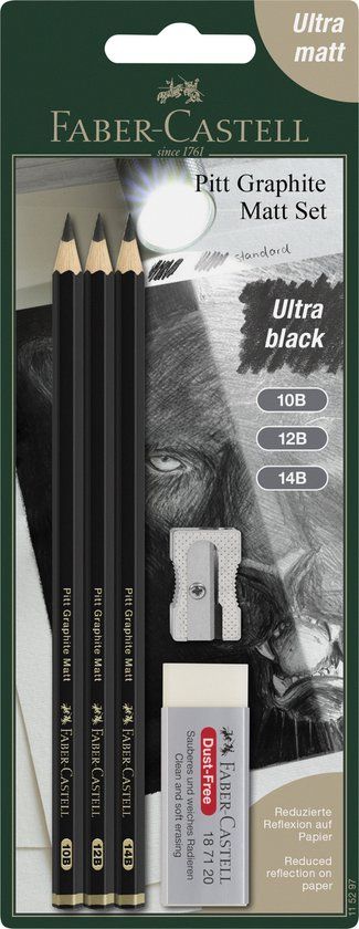 Faber-Castell Grafietpotlodenset - Pitt Mat - Set met 3 potloden (10B, 12B, 14B) en toebehoren