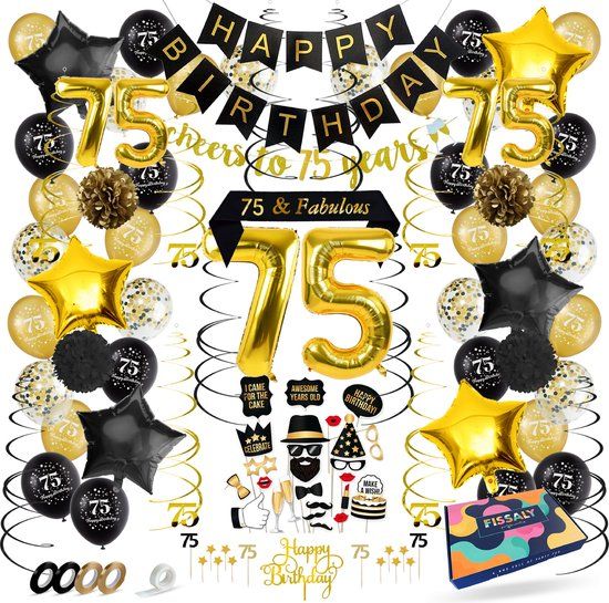 Fissaly 75th Birthday Decoration Set - Black & Gold Balloons