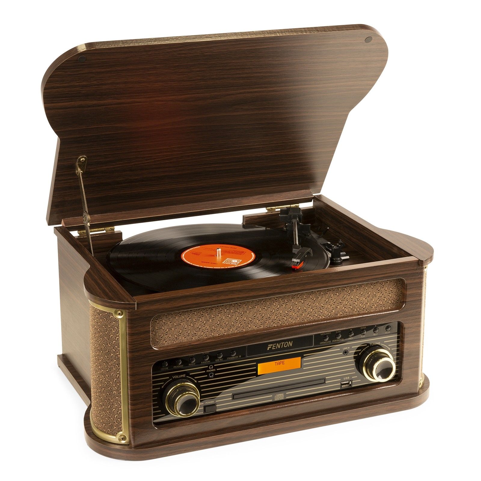 Fenton Memphis Retro platenspeler met FM en DAB radio, cassette speler - Donkerbruin