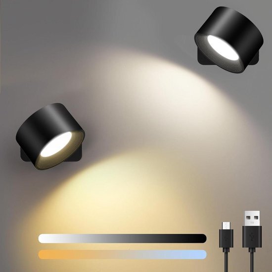 Oplaadbare Led-wandlamp voor binnen met 3 helderheid en 3 kleuren - 360 graden draaibare touch-bediening - wandlamp voor slaapkamer keuken badkamer woonkamer - zwart