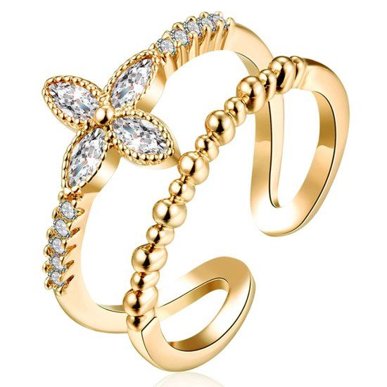 LGT JWLS Lookinggoodtoday Gedraaide Goudkleurige Dames Ring met Bloem Zirkonia