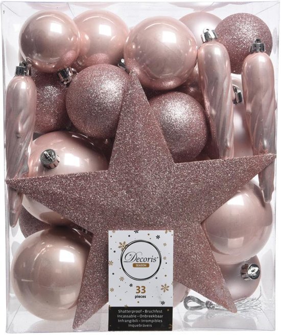 Decoris Kerstballen Mix Met Piek Box 33 Stuks Poederroze