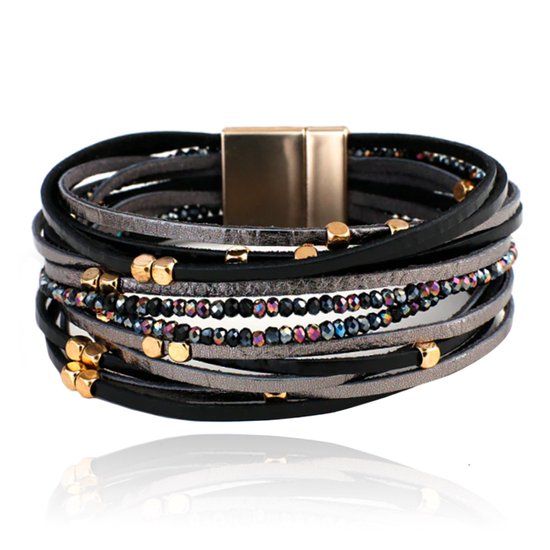 Deja Jewels Leren zwarte Boho dames armband met kraaltjes en steentjes