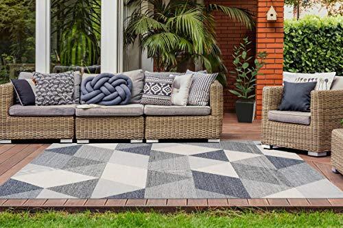 One Couture Outdoor tapijt balkon terras tapijten driehoek Geomet. Scandi crème blauw grijs woonkamertapijt eetkamertapijt tapijtloper gang loper, grootte: 120cm x 170cm, MD2-461