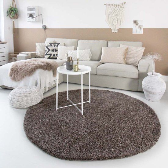 Tapeso Hoogpolig Vloerkleed Shaggy Trend Effen Rond 80 cm rond Taupe