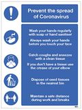 Bord met opschrift "Prevent the spread of coronavirus" – handen wassen, zakdoeken gebruiken, vuilnisemmer gebruiken, veilige afstand, halfstijf pvc-bord (400 x 600 mm)