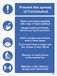 Bord met opschrift "Prevent the spread of coronavirus" – handen wassen, zakdoeken gebruiken, vuilnisemmer gebruiken, veilige afstand, halfstijf pvc-bord (400 x 600 mm)