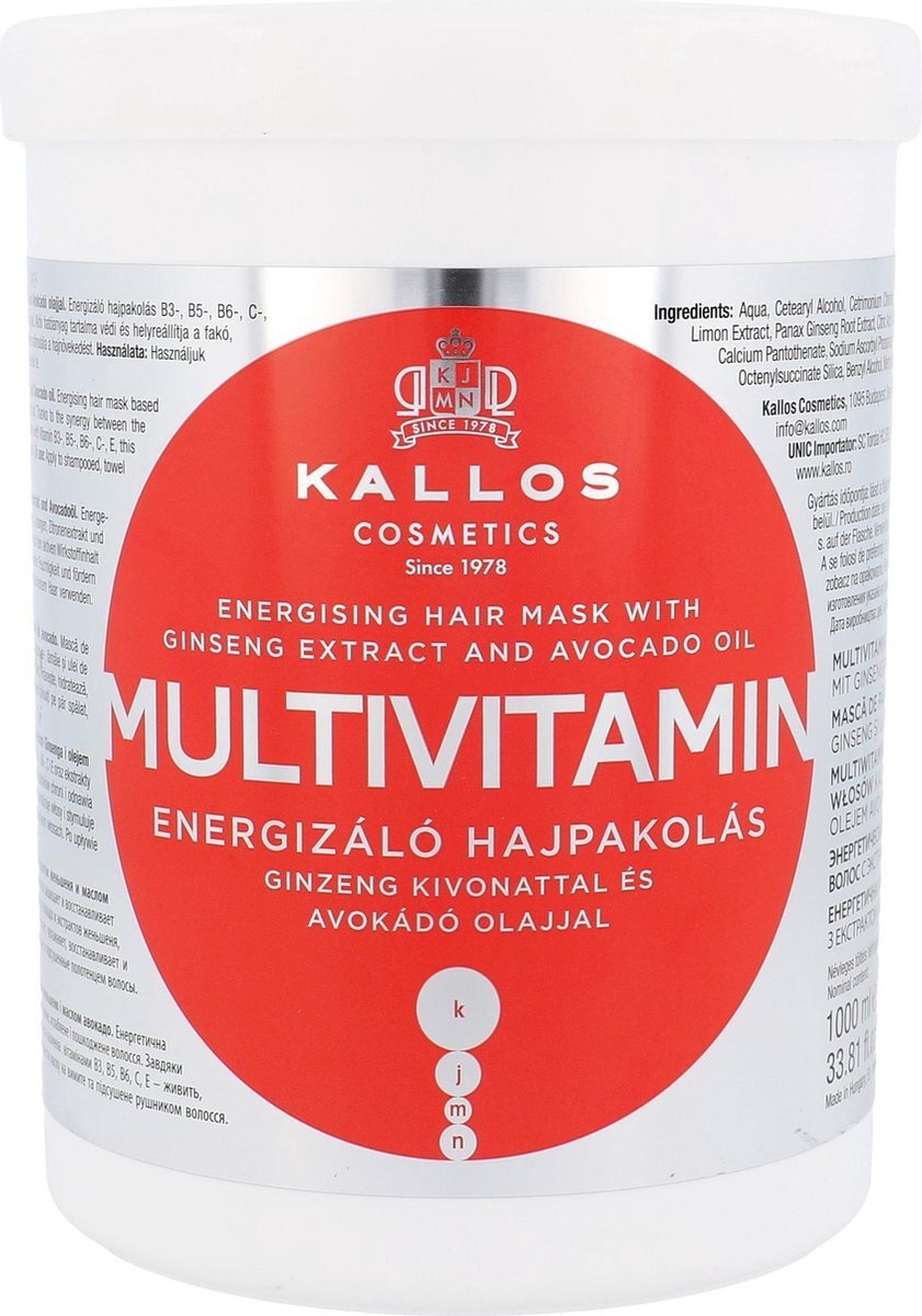 Kallos KJMN Multivitamine energetiserend haarmasker met ginsengextract en avocado-olie, 1000 ml