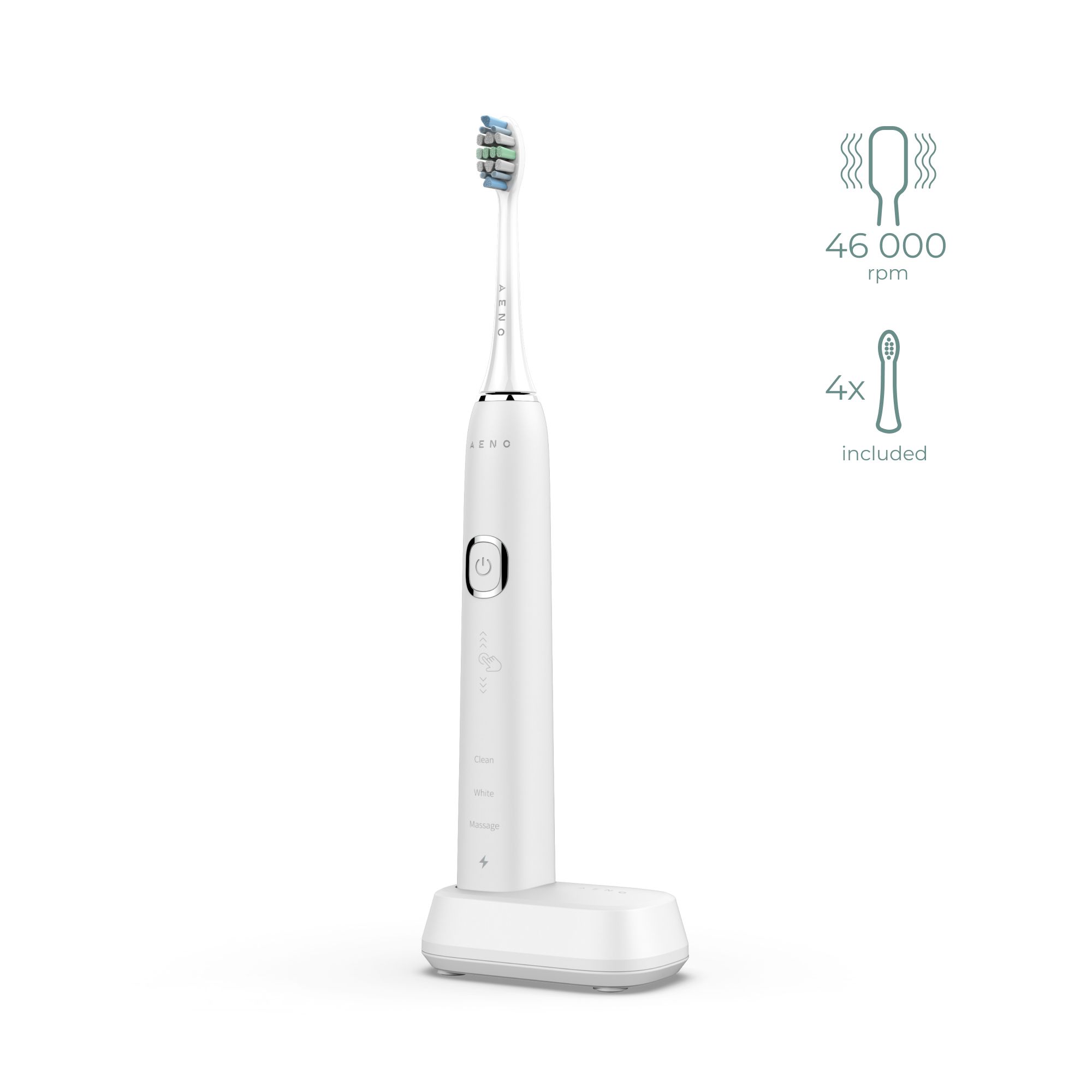 AENO DB3 Sonic Toothbrush - White - Adult - 46000 Movements/Min - 4 Brush Heads Included