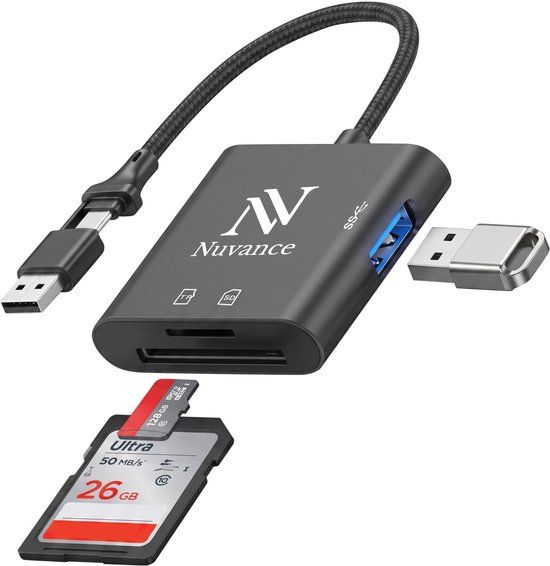 Nuvance SD Kaart Lezer - SD Card Reader - 3 in 1 - USB C & USB A - Micro SD Kaart Lezer - TF kaart - Zwart