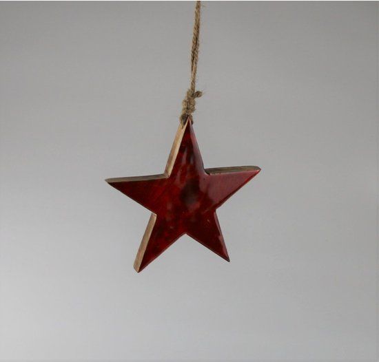 Rode houten kerstster hanger - 13 cm - Kerstboomversiering