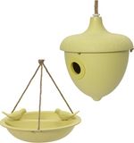Decoris Vogelhuisje en voederschaal/vogelbadje - geel - bamboe