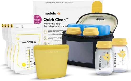 Medela Alles-in-één moedermelkbewaarset met 150 ml Flesjes, Moedermelkbewaarzakjes met schenktuit & Herbruikbare bewaarzakjes, Quick Clean™ magnetronsterilisatiezakje en Koeltas met gevormd koelelement.