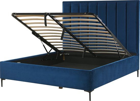 Beliani SEZANNE Bed - Blauw Fluweel 140x200cm met Opbergruimte