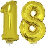 Merkloos / Sans marque 18 jaar leeftijd versiering cijfers - ballonnen op stokje - van 41 cm - Combi van cijfer 18 - in het goud - feestartikelen verjaardag
