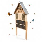 Relaxdays insectenhotel met standaard, hout, verzinkt metalen dak, HxBxD: 119 x 50 x 12 cm, natuur/zilver