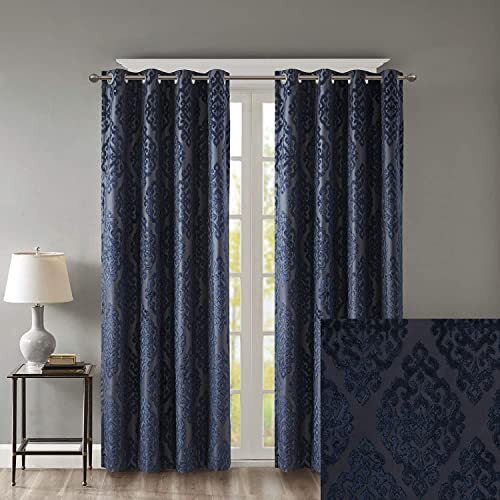 Sun Smart SUN SMART Mirage 100% totale verduisterende venster, gebreide jacquard damast kamer verduistering gordijnen paneel met grommet top, 50x84, marine